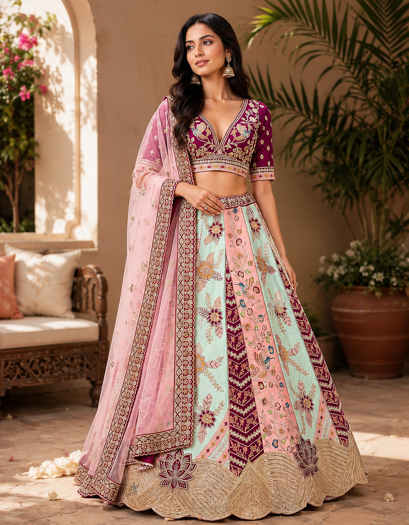 multicolor color Flower Patch Work Real Hand Mirror Work Multi thread And Zari work Satin Lehenga Choli set