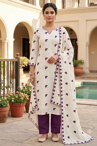 White cotton poly embroidered salwar kameez
