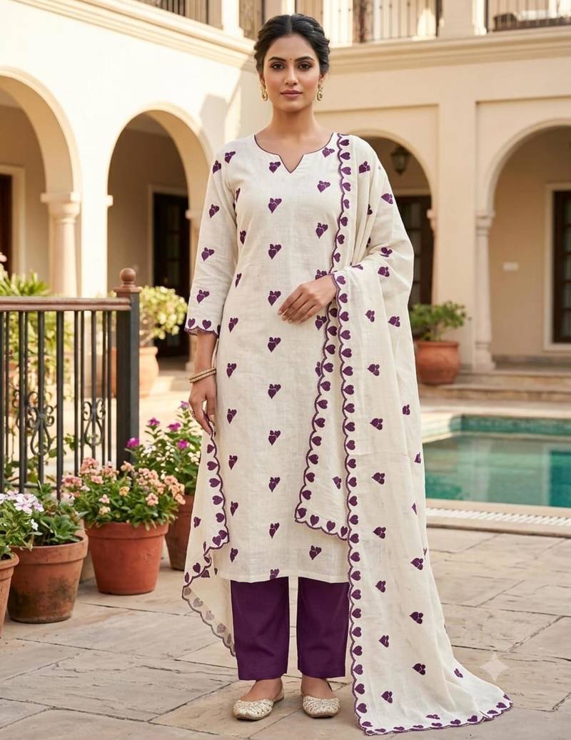White cotton poly embroidered salwar kameez
