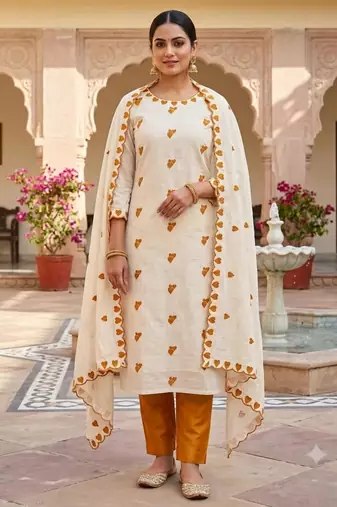 White cotton poly embroidered salwar kameez
