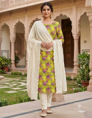 Yellow cotton poly printed salwar kameez 1