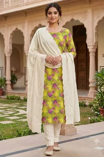 Yellow cotton poly printed salwar kameez