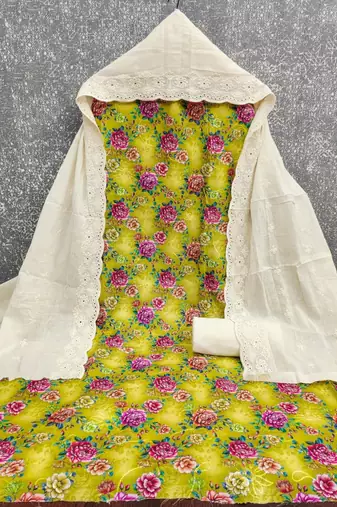 Yellow cotton poly printed salwar kameez