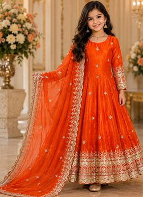 Orange fendy silk with sequence embroidery work kids gown bottom and dupatta set 1