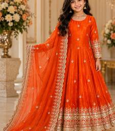 Orange fendy silk with sequence embroidery work kids gown bottom and dupatta set