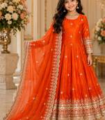 Orange fendy silk with sequence embroidery work kids gown bottom and dupatta set
