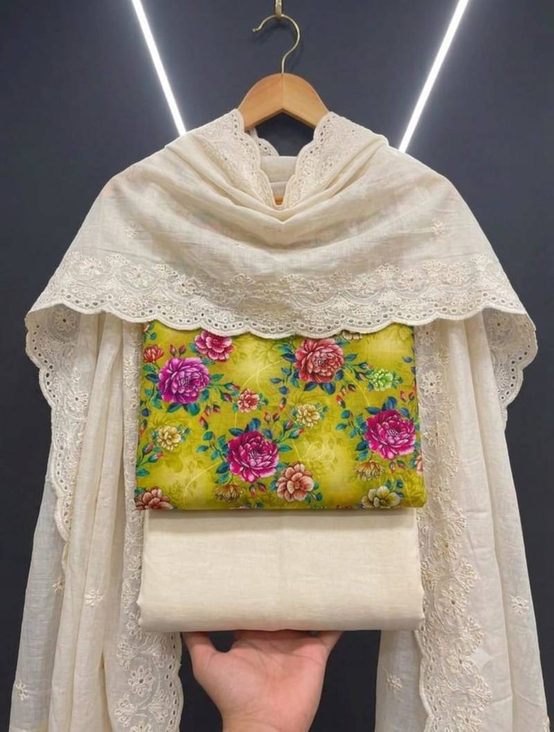 Yellow cotton poly printed salwar kameez
