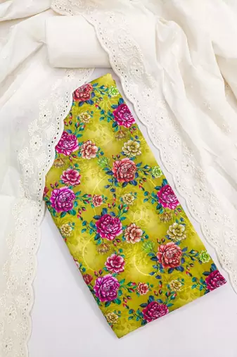 Yellow cotton poly printed salwar kameez