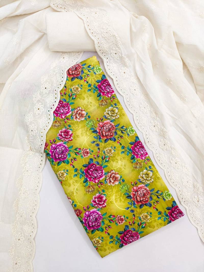 Yellow cotton poly printed salwar kameez