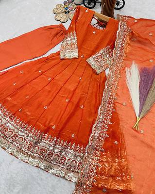 Orange fendy silk with sequence embroidery work kids gown bottom and dupatta set 2