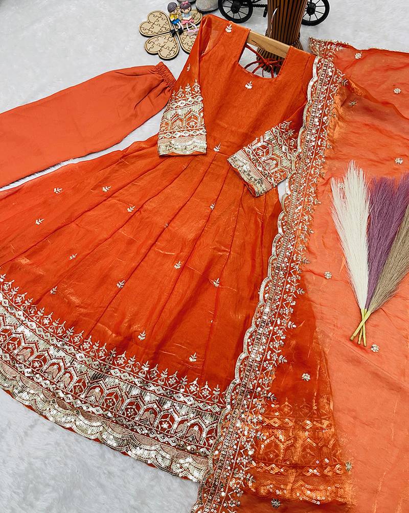 Orange fendy silk with sequence embroidery work kids gown bottom and dupatta set