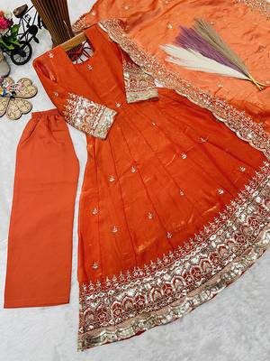Orange fendy silk with sequence embroidery work kids gown bottom and dupatta set 3
