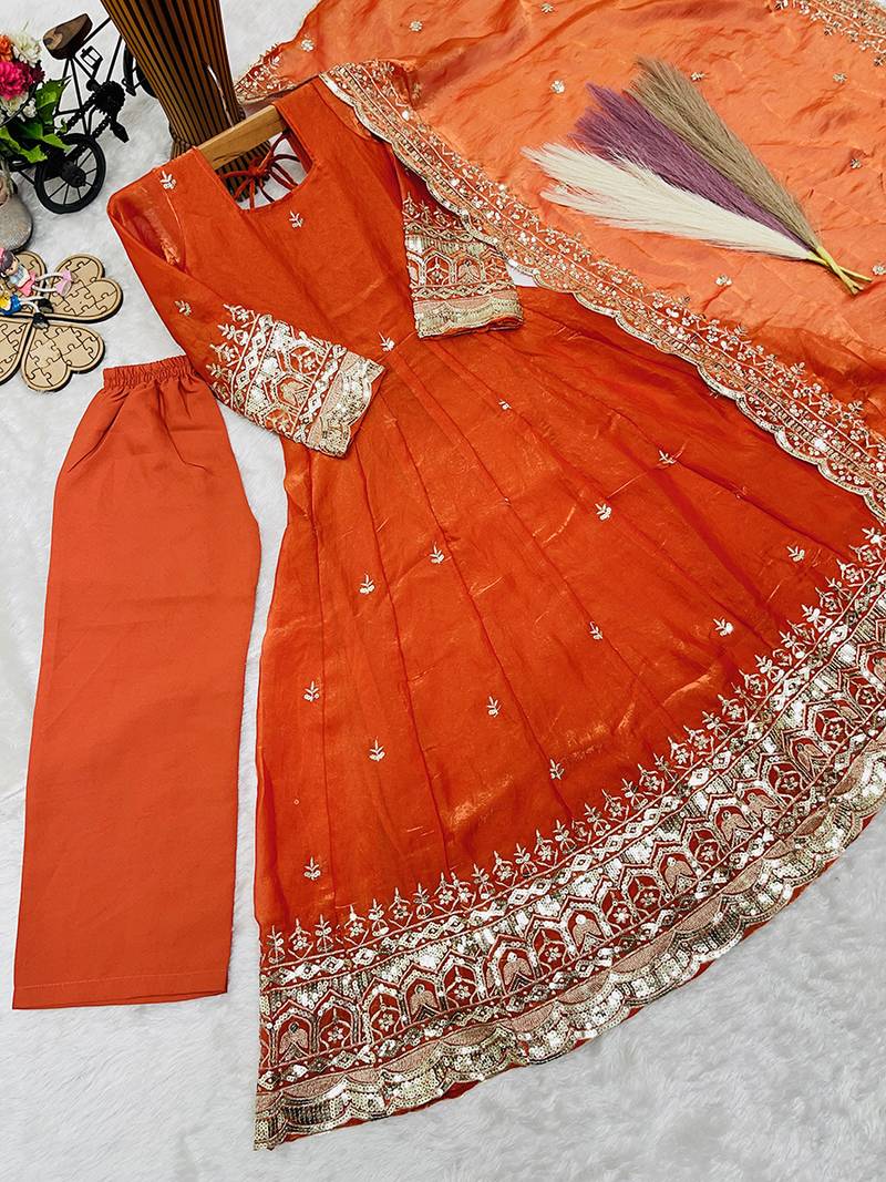 Orange fendy silk with sequence embroidery work kids gown bottom and dupatta set