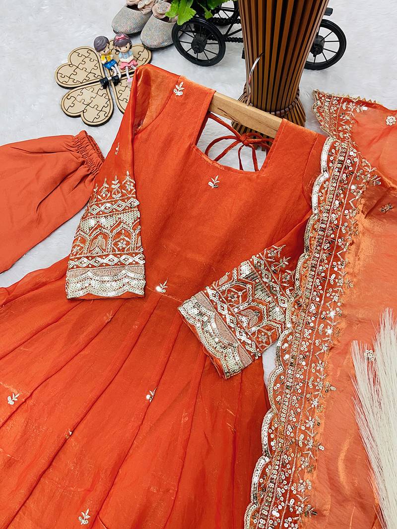 Orange fendy silk with sequence embroidery work kids gown bottom and dupatta set
