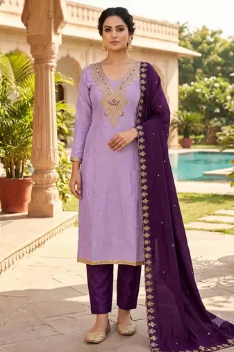 Light purple silk blend embroidered salwar kameez