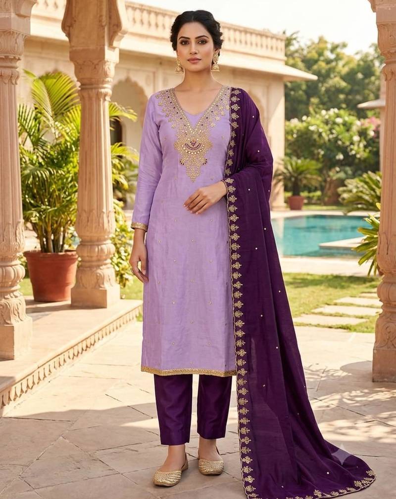 Light purple silk blend embroidered salwar kameez