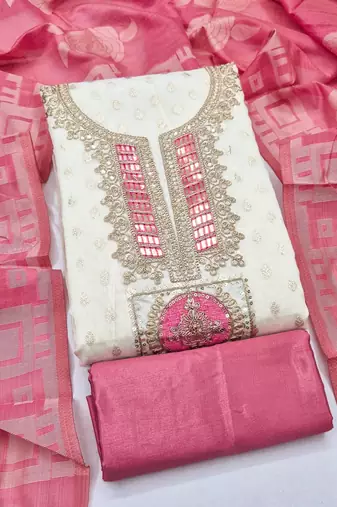 Off white silk blend embroidered salwar kameez