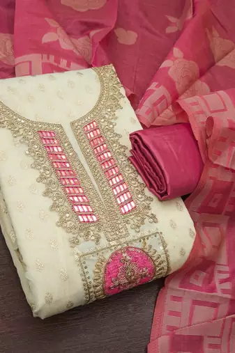 Off white silk blend embroidered salwar kameez