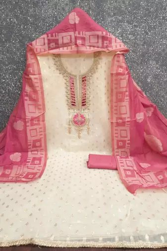 Off white silk blend embroidered salwar kameez