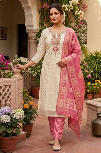 Off white silk blend embroidered salwar kameez