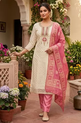 Off white silk blend embroidered salwar kameez