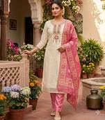 Off white silk blend embroidered salwar kameez