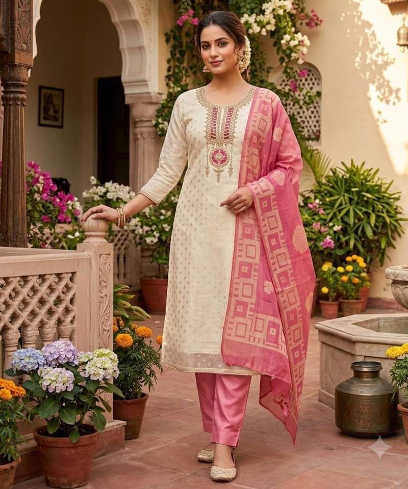 Off white silk blend embroidered salwar kameez