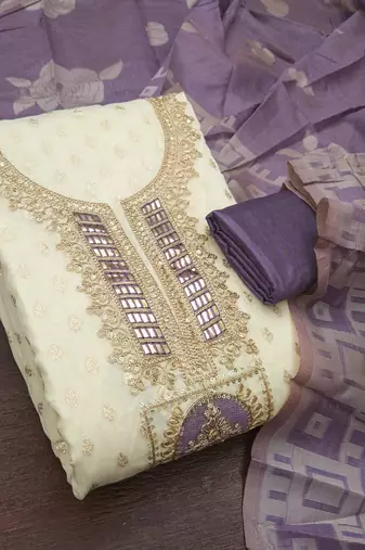 Off white silk blend embroidered salwar kameez