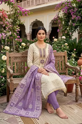 Off white silk blend embroidered salwar kameez