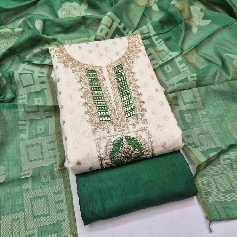 Off white silk blend embroidered salwar kameez