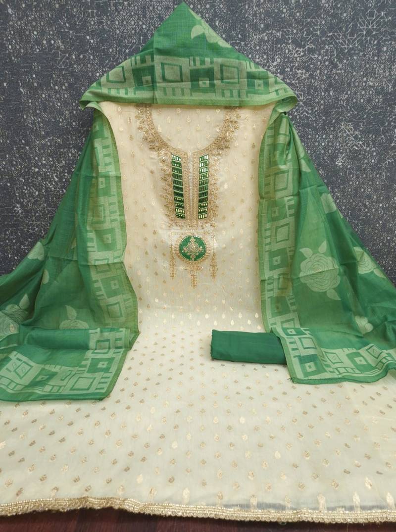 Off white silk blend embroidered salwar kameez
