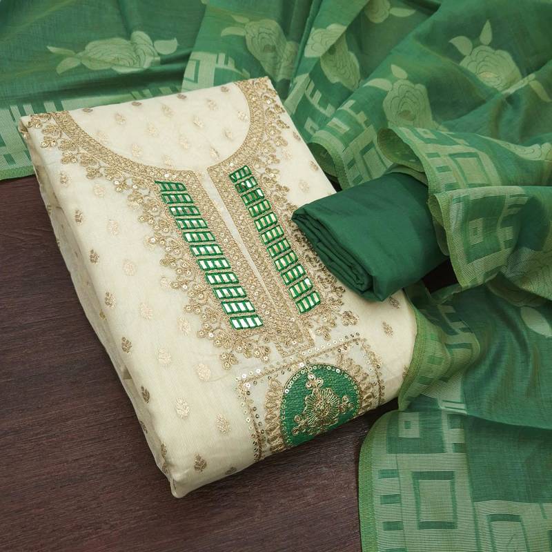 Off white silk blend embroidered salwar kameez