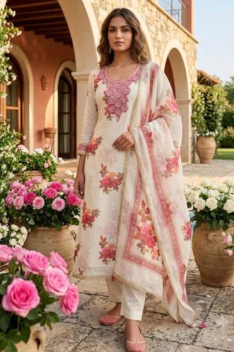 Off white silk blend embroidered salwar kameez