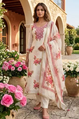 Off white silk blend embroidered salwar kameez