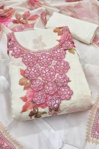 Off white silk blend embroidered salwar kameez