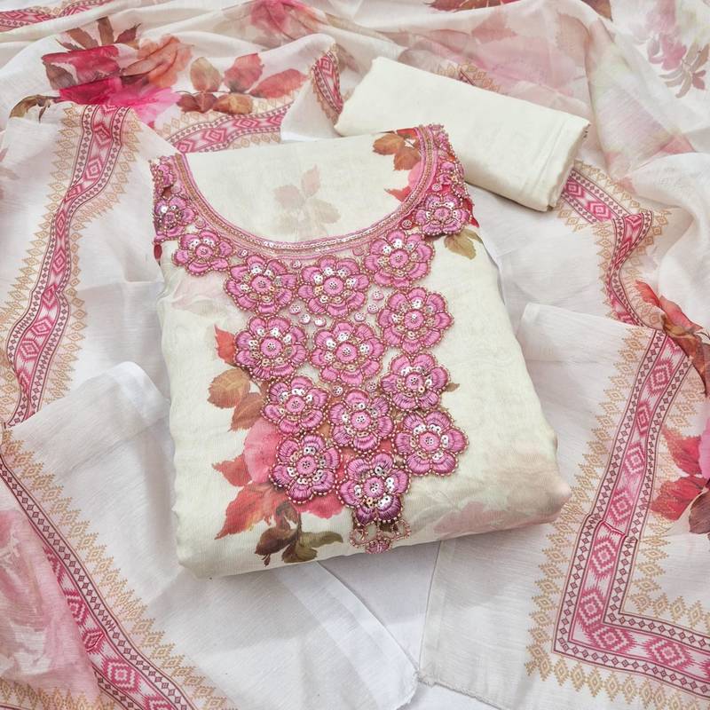 Off white silk blend embroidered salwar kameez