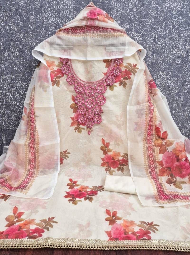 Off white silk blend embroidered salwar kameez