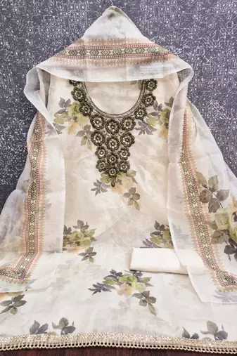 Off white silk blend embroidered salwar kameez