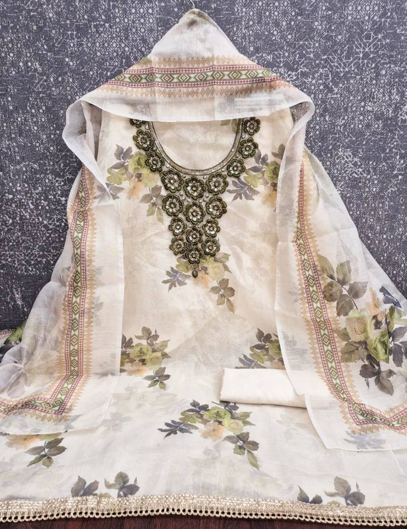 Off white silk blend embroidered salwar kameez