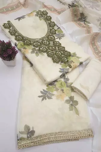 Off white silk blend embroidered salwar kameez