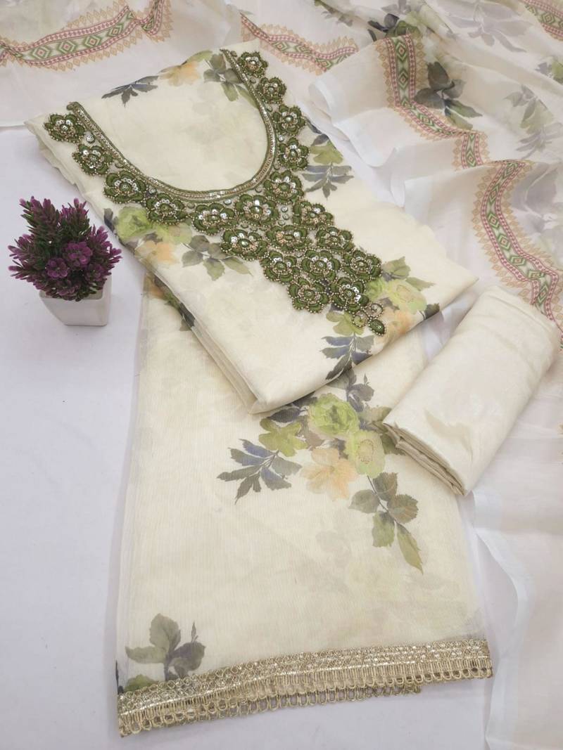 Off white silk blend embroidered salwar kameez