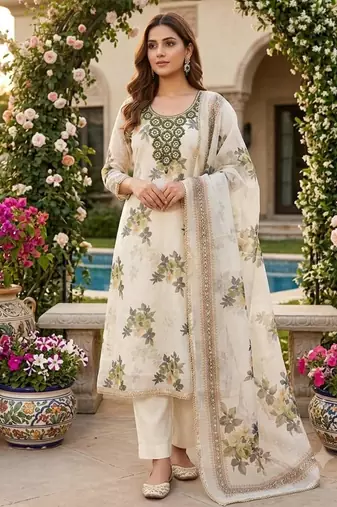 Off white silk blend embroidered salwar kameez