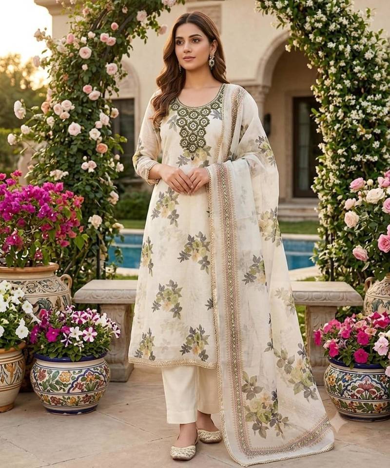 Off white silk blend embroidered salwar kameez