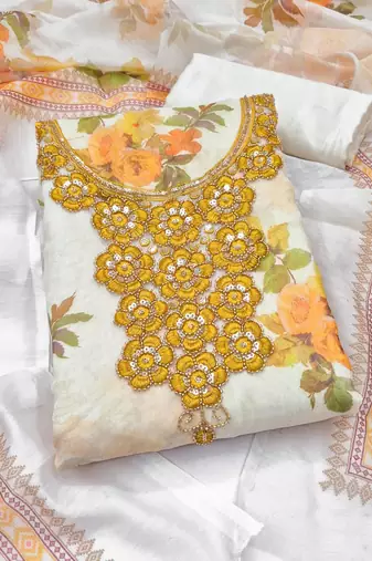 Off white silk blend embroidered salwar kameez