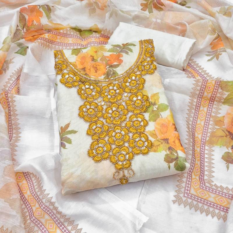 Off white silk blend embroidered salwar kameez