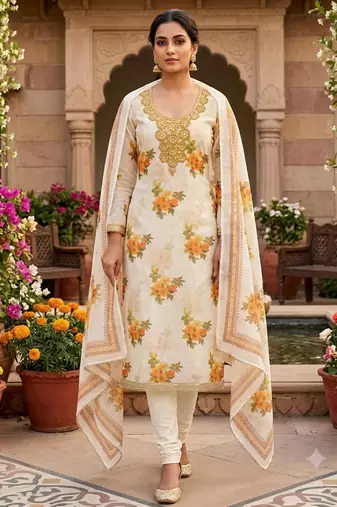Off white silk blend embroidered salwar kameez