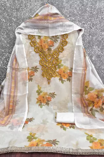 Off white silk blend embroidered salwar kameez