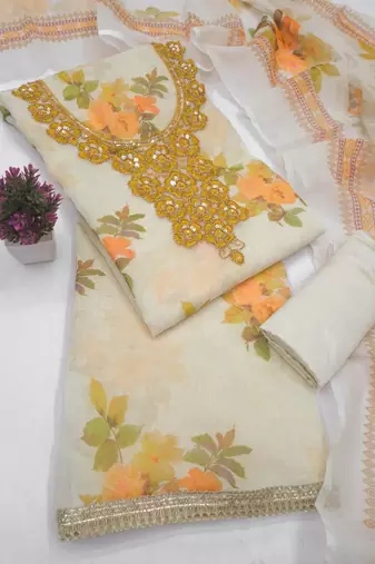 Off white silk blend embroidered salwar kameez