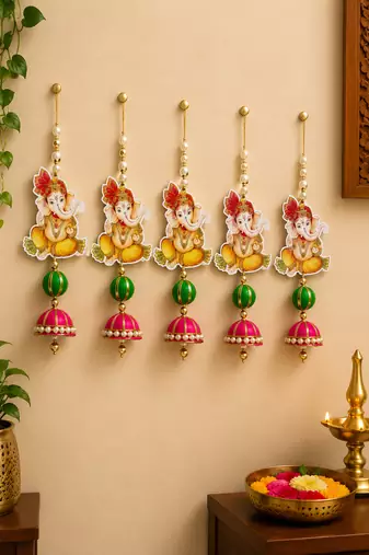 handmade ganesh ji hanging decorative pearl beads jhumka latkan for home festival decoration (pack of 6)