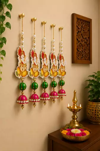 handmade ganesh ji hanging decorative pearl beads jhumka latkan for home festival decoration (pack of 6)